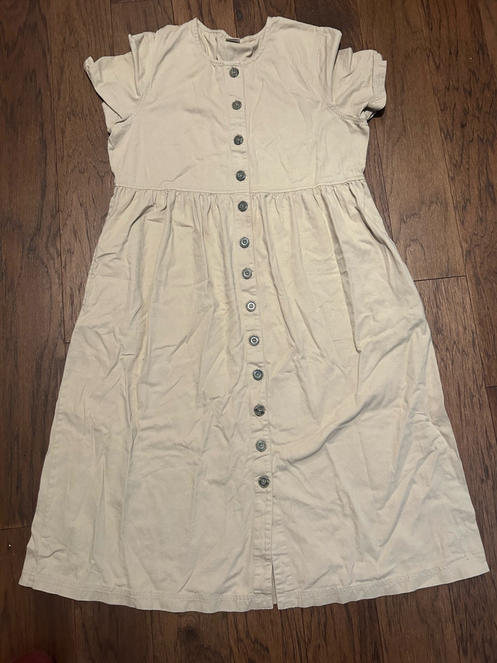 Blair Beige Button Front Flutter Sleeve Midi Shirt Dress Cotton L